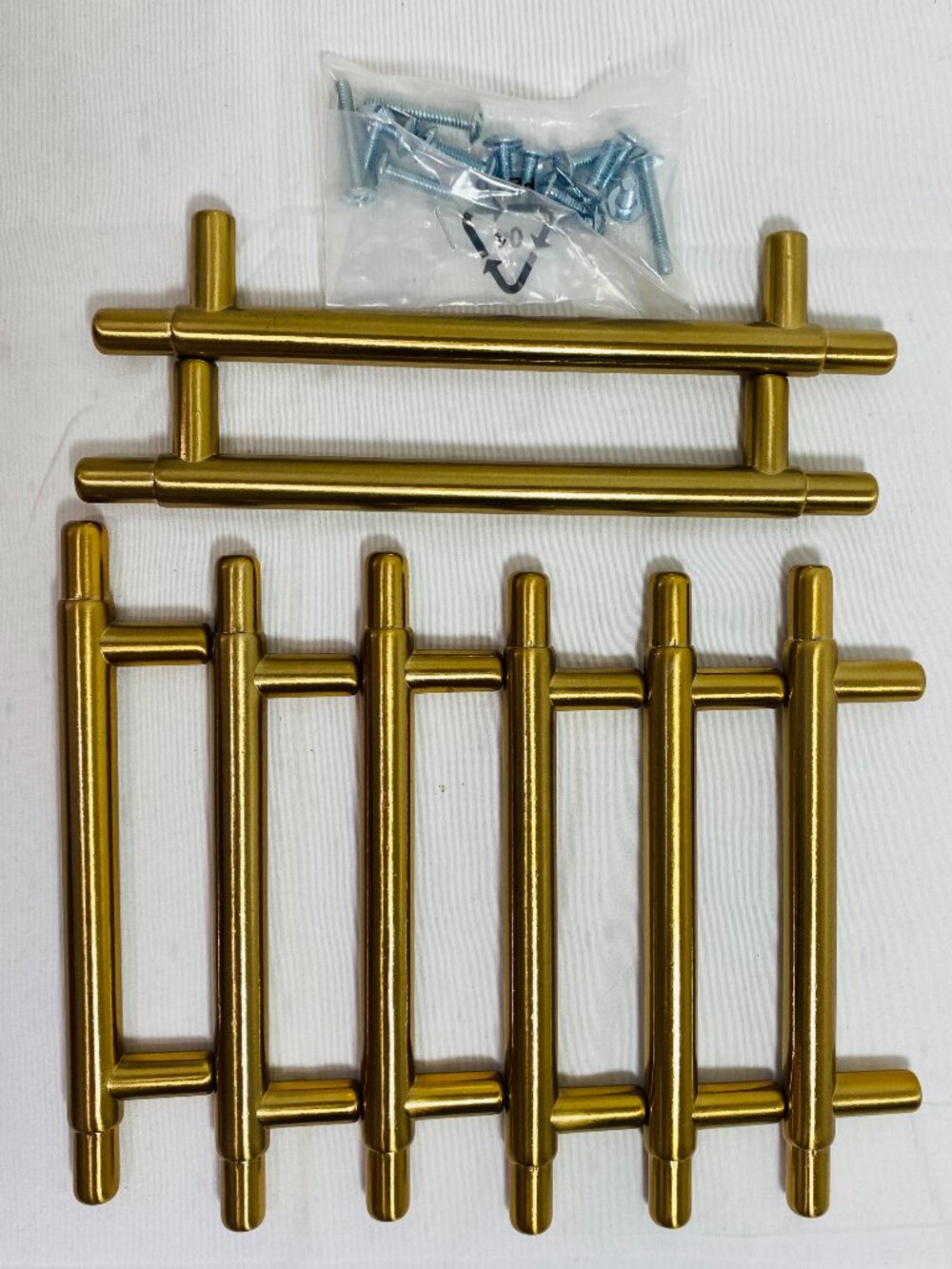 (8) NEW Cabinet Pulls Brushed Gold Stainless Steel T-Bar, (2) 7", (6) 6", Screws